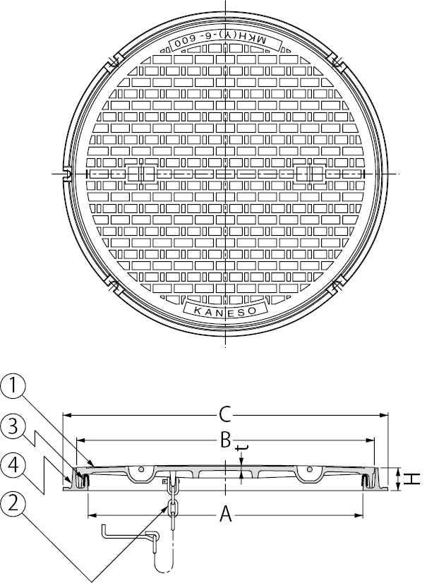 簡易密閉形マンホール鉄蓋 丸枠付き 呼称：MHD900-PR-K クサリ付
