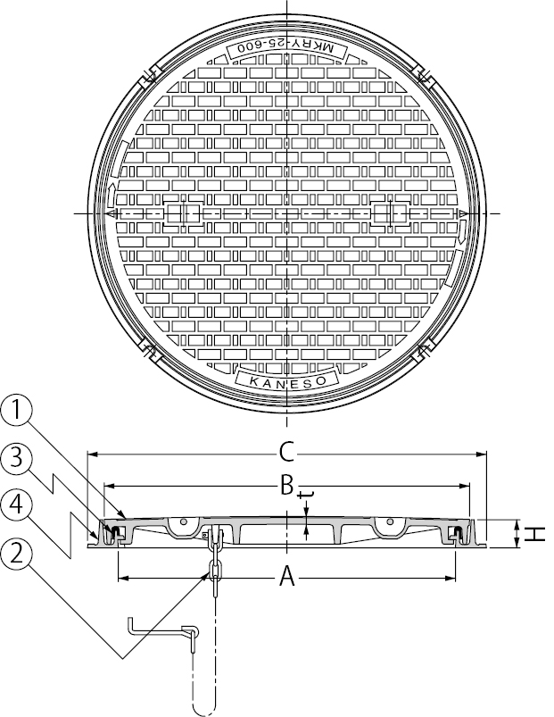 カネソウ マンホール・ハンドホール鉄蓋 簡易密閉形 （簡易防水・防臭形） 丸枠 MKHY-2（丸） 600 b 鎖付 T-2 - 3
