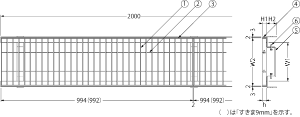 カネソウ　SUSグレーチング　ボルト固定式滑り止め模様付横断溝・側溝用　(SMQL-14032-P=30 -RL本体のみ)すきま26mm　寸法：400×994×32 - 2