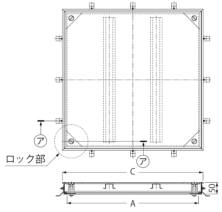 カネソウ フロアーハッチ MSEM-P-600 ハンドル付 張物用 屋内用 密閉形 防水・防臭形 ステンレス製 ボルト固定式 内装