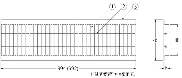 カネソウ ステンレス製グレーチング 滑り止め模様付 歩道U字溝用 すきま18mm SMQHU-1815 P=22 - 3