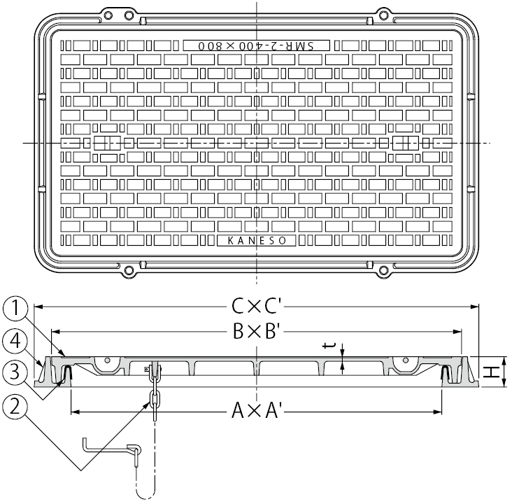 カネソウ マンホール・ハンドホール鉄蓋 SMR-2-600×1200-a(鎖なし
